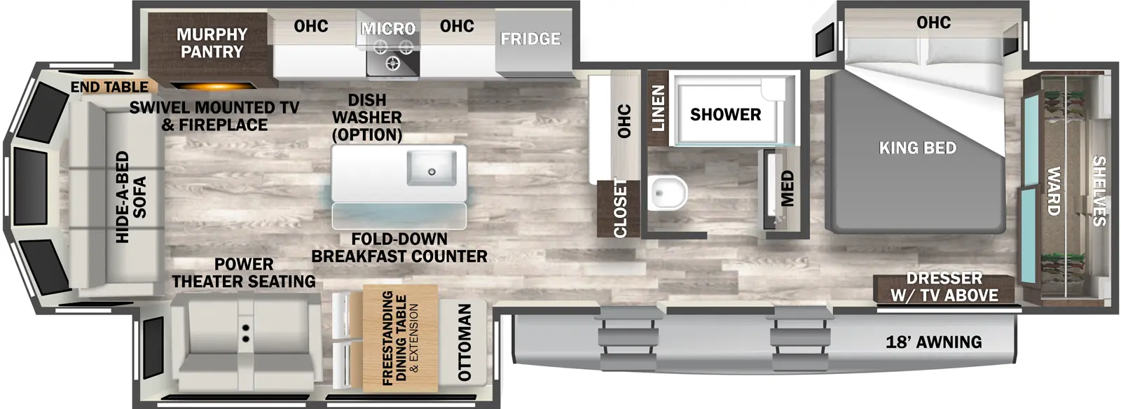 The 40CRS has three slideouts and two entries. Exterior features an 18 foot awning. Interior layout front to back: front wardrobe with shelves, off-door side king bed slideout with overhead cabinets, dresser with TV above, and step entry; off-door side full bathroom with medicine cabinet and linen closet; interior wall with closet, countertop and overhead cabinets; second entry; off-door side slideout with refrigerator, microwave, cooktop, overhead cabinets, and murphy pantry behind swivel mounted TV and fireplace; kitchen island with sink and fold-down breakfast counter (dishwasher optional); door side slideout with free-standing dining table with extension and ottoman, and power theater seating; hide-a-bed sofa with end table in rear alcove with windows.